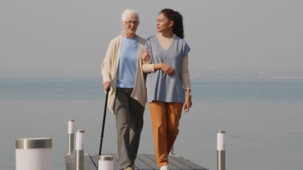 Seniorin Mit Grauen Haaren Unterhält Sich Bei Einem Gemeinsamen Spaziergang — Stockvideo