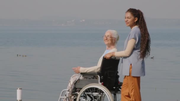Πλευρική Άποψη Των Γυναικών Φροντιστής Και Ηλικιωμένη Γυναίκα Αναπηρική Καρέκλα — Αρχείο Βίντεο