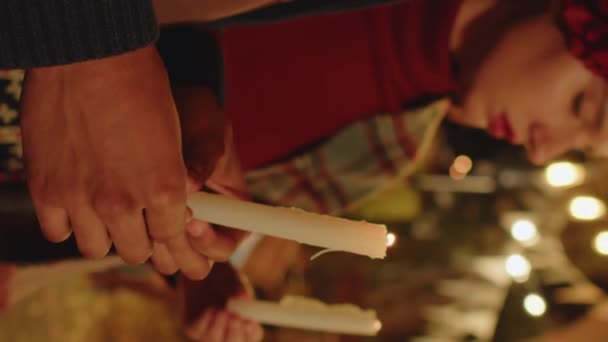 Vertical Cropped Shot Young Latin Couple Burning Candles Hands Standing — Stock Video