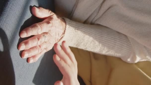 一个无法辨认的女人手牵着老年妇女的手 坐在沙发上 在家里垂直的特写镜头 — 图库视频影像