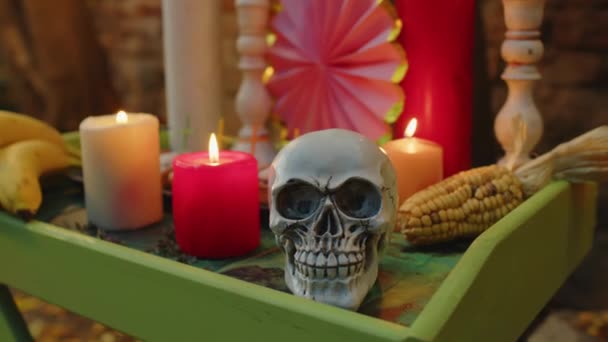 People Shot Skull Burning Candles Green Tray Symbols Day Dead — Stock Video