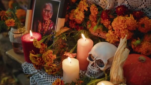 People Shot Beautiful Mystic Altar Orange Marigold Flowers Burning Candles — Stock Video