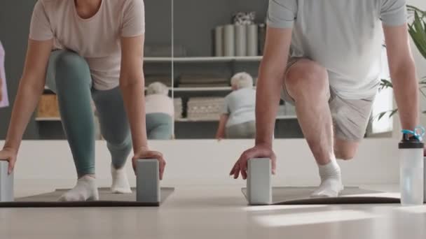 Schnappschuss Eines Reifen Paares Sportbekleidung Beim Dehnen Mit Yoga Blöcken — Stockvideo