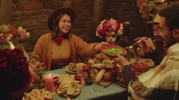 Medium Shot Rejoiced Latin Family Sitting Beautiful Dining Table String — Stock Video