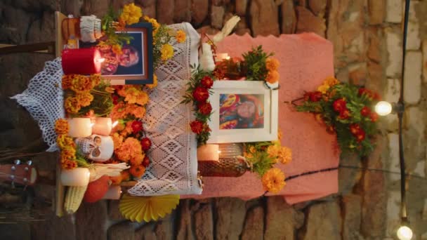 Vertical People Shot Orange Marigolds Candles Handmade Skull White Tablecloth — Stock Video