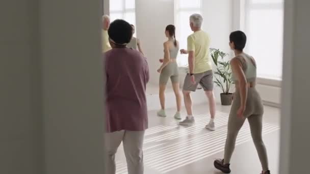 エアロビクスワークアウト中に女性のフィットネスコーチとトレーニングする高齢者のグループの開かれたドアを通してのバックビュー — ストック動画