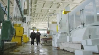 Dijital tablet kullanan ve endüstriyel fabrikada yürürken konuşan kadın ve erkek iş arkadaşlarının geniş açılı görüntüleri.