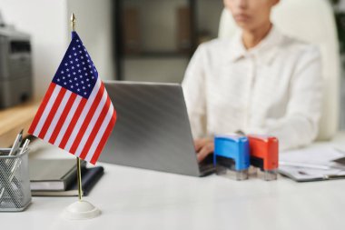 Vize merkezi çalışanı arka planda dizüstü bilgisayarla çalışan Amerikan bayrağının olduğu işyeri
