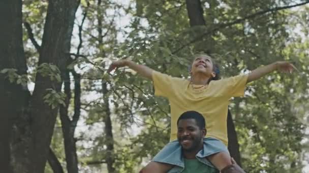 Беззаботная Афро Американская Девушка Едет Плечах Счастливого Отца Размахивает Руками — стоковое видео