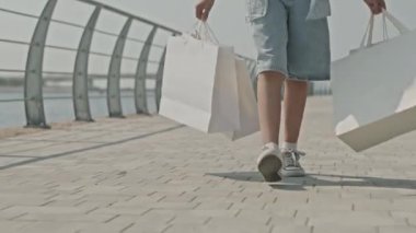 Afrika kökenli Amerikalı küçük bir kızın nehir kenarında yürürken ve alışveriş torbaları taşırken çekilmiş resmi.