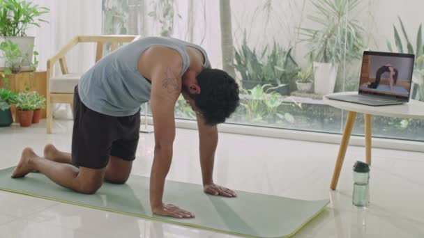 男人在家里练习瑜伽的同时 还在健身垫上做猫和牛的运动 并在笔记本电脑上观看视频锻炼 — 图库视频影像