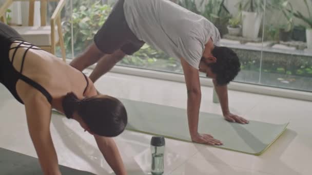 Genç Kadın Yoga Eğitmeni Evde Egzersiz Yaparken Köpeğe Doğru Aşağı — Stok video