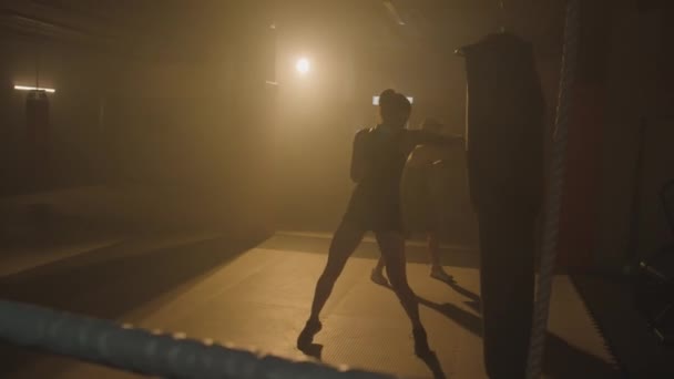 Довгий Знімок Двох Жінок Боксерів Які Ють Мішки Під Час — стокове відео