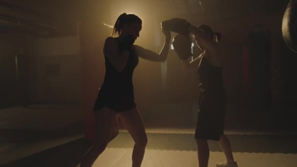 Medium Lange Schot Van Twee Vrouwelijke Vechters Oefenen Steken Bewaken — Stockvideo