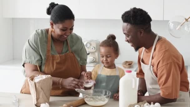부엌에서 그녀의 그릇에 재료를 즐거운 아프리카계 미국인 어머니 — 비디오