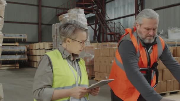 倉庫の労働日の間にバーコードを付けるためのデジタル タブレットが付いている女性のマネージャーに段ボール箱を持って来る男性の中型ショット — ストック動画