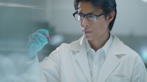 Laboratuvar Araştırması Yaparken Cam Kimyasalları Inceleyen Koruyucu Eldivenli Asyalı Bir — Stok video