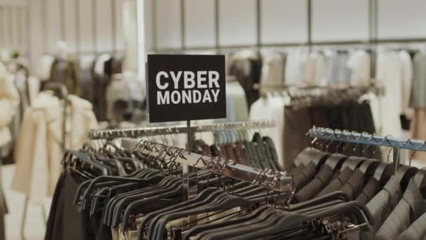 People Shot Black Cyber Monday Sign Clothes Rack Stylish Designer — Stock Video