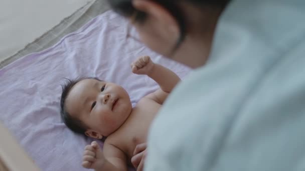 Shoulder Shot Adorable Tiny Asian Boy Lying His Crib Looking — Stock Video