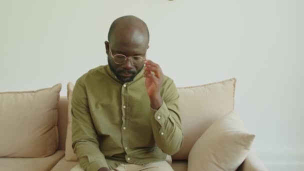 Medium Portrait Shot Sad African American Man Taking Glasses Posing — Stock Video