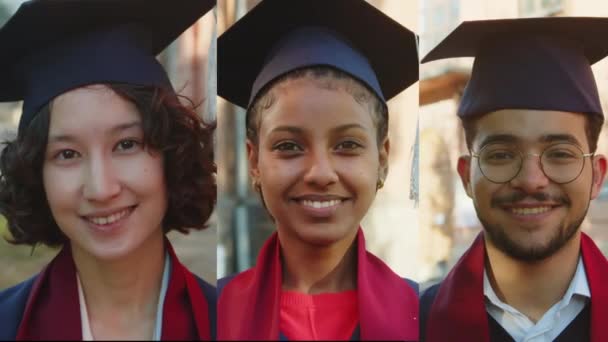 Podzielony Ekran Portret Trójki Radosnych Absolwentów Rasy Mieszanej Noszących Uniwersyteckie — Wideo stockowe