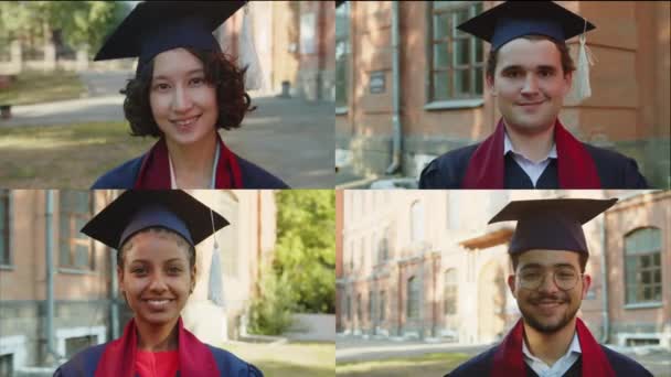 Podzielone Portrety Ekranowe Czterech Wesołych Wieloetnicznych Kawalerów Kapeluszach Sukniach Uśmiechniętych — Wideo stockowe