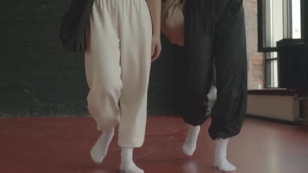 Incline Tiro Duas Meninas Caucasianas Sportswear Relaxado Conversando Chegar Estúdio — Vídeo de Stock