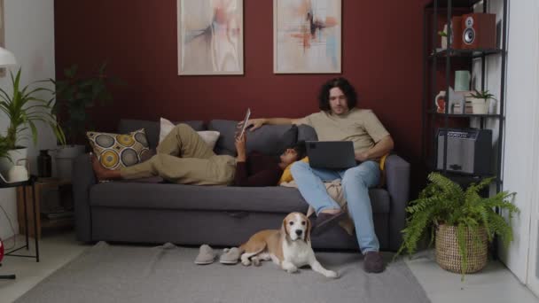 Largo Tiro Joven Pareja Interracial Con Poco Perro Beagle Relajarse — Vídeos de Stock