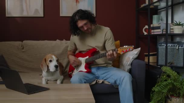 エレクトリックギターを演奏する現代アパートでソファに座っている彼のビングル犬とハンサムな若い白人男性のミディアムショット — ストック動画