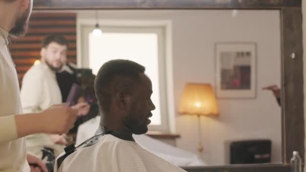Seitenansicht Des Professionellen Friseurs Mit Trimmer Und Aufreihendem Haar Nacken — Stockvideo