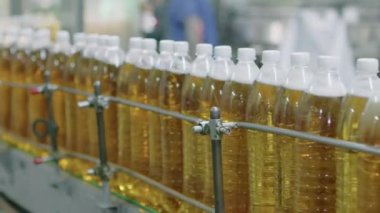 Bira ya da limonata dolu plastik şişeler fabrikadaki konveyörde üretim hattında hareket ediyor.
