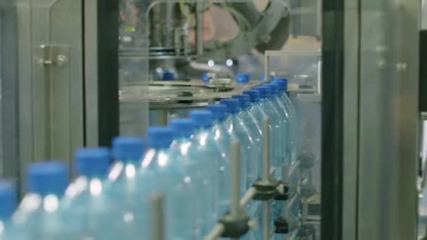 飲料工場で純粋な蒸留水でプラスチックボトルを処理するコンベヤラインのハンドヘルドショット — ストック動画
