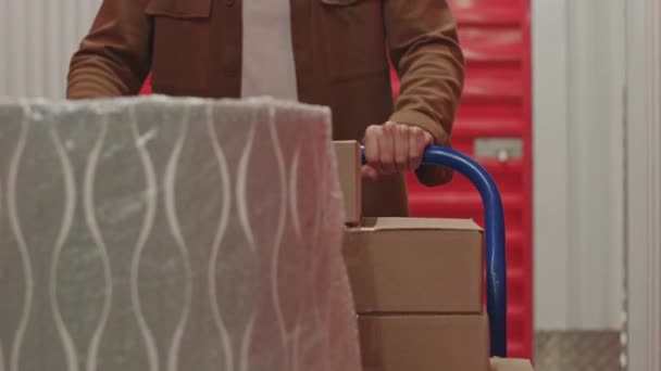 自己貯蔵倉庫で行く間に箱が付いている人形のカートを押す認識できない男のクロップされたショット — ストック動画