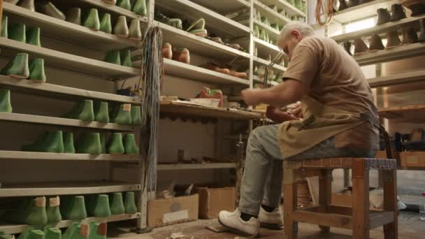 Fotografiere Completă Spațiu Copiere Pantofului Matur Care Lucrează Atelierul Cobbler — Videoclip de stoc