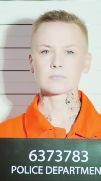 Κάθετη Φωτογραφία Της Γυναίκας Εγκληματία Πορτοκαλί Στολή Φυλακής Κρατώντας Σημάδι — Αρχείο Βίντεο