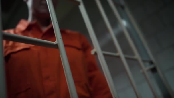 Niski Kąt Zbliżenie Widok Skorumpowanego Strażnika Dając Telefon Komórkowy Więźniarki — Wideo stockowe