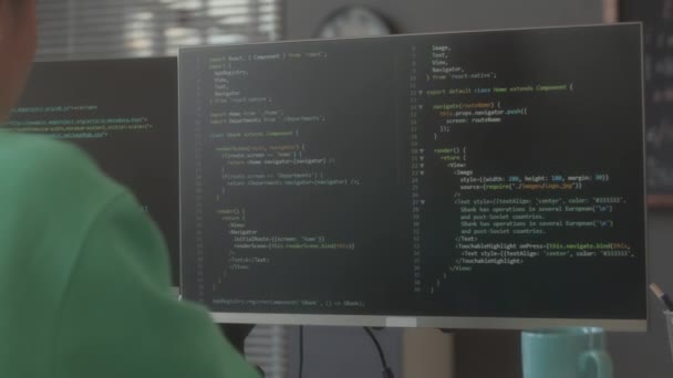 Shoulder Shot Female Programmer Coding Computer Multiple Monitors While Working — Stock Video