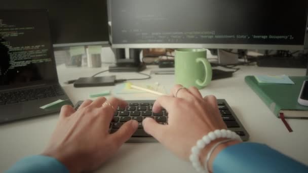 Pov Shot Hands Female Programmer Using Wireless Keyboard While Coding — Stock Video