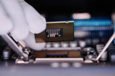 Tanınmayan tamircinin eldivenli elinin aşırı yakın çekimi parçalanmış bilgisayarın içine işlemci yerleştirmesi