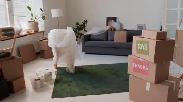 Interior Living Room Cardboard Boxes Packed Furniture Moving People — Stock Video