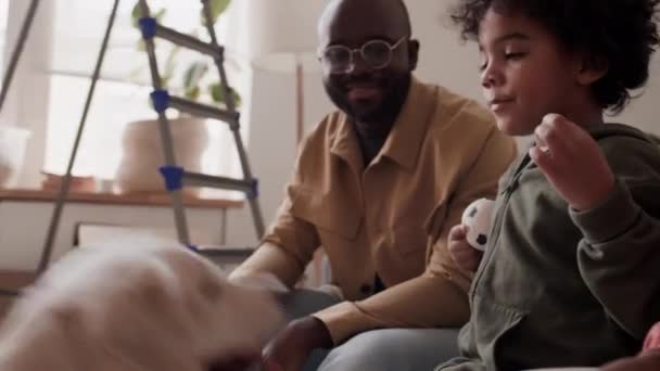 リトルアフリカ系アメリカ人の男の子は 新しい家でソファーに両親と座って 素敵な犬にトリートを与える — ストック動画