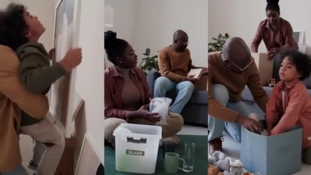 Vídeo Tela Dividida Material Embalagem Família Afro Americana Pendurado Quadro — Vídeo de Stock