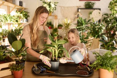 Modern Kafkas anne ve kızının orta boy portresi. Fabrikada çalışıyor. Ev bitkileriyle ilgileniyor.