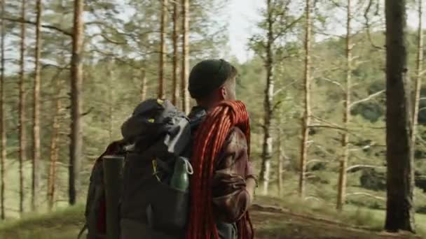 Sırt Çantaları Dağcılık Ekipmanlarıyla Çam Ormanlarında Yürürken Çekilmiş Genç Bir — Stok video