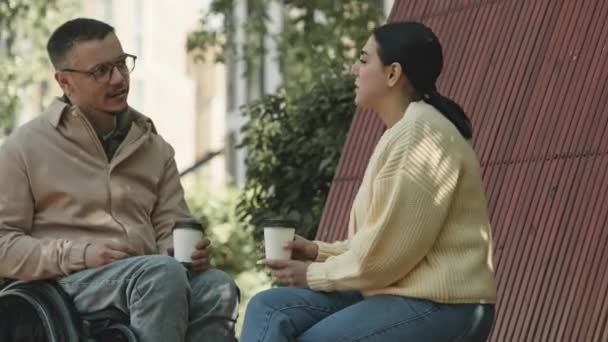 Mujer Joven Sentada Banco Conversando Con Amigo Silla Ruedas Mientras — Vídeo de stock