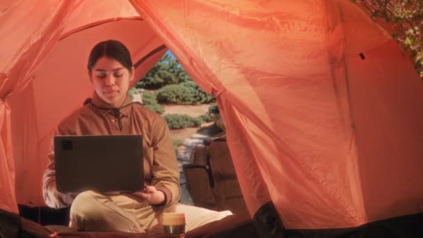 Portrait Young Female Tourist Khaki Clothes Sitting Camping Tent Prairie — Stock Video