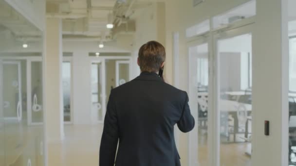 Back View Businessman Formal Suit Walking Corridor Office Having Conversation — Stock Video