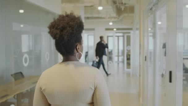 Vista Posterior Mujer Negocios Negra Pelo Rizado Caminando Por Pasillo — Vídeo de stock