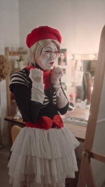Vertikální Záběr Legrační Mime Umělce Sobě Francouzské Oblečení Jevištní Make — Stock video
