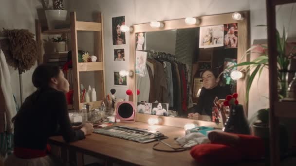 Female Mime Actress Sitting Vanity Desk Dressing Room Playing Emotions — Stock Video